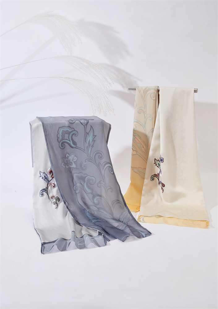 Dunhuang Little Flowers Embroidery Silk Scarf